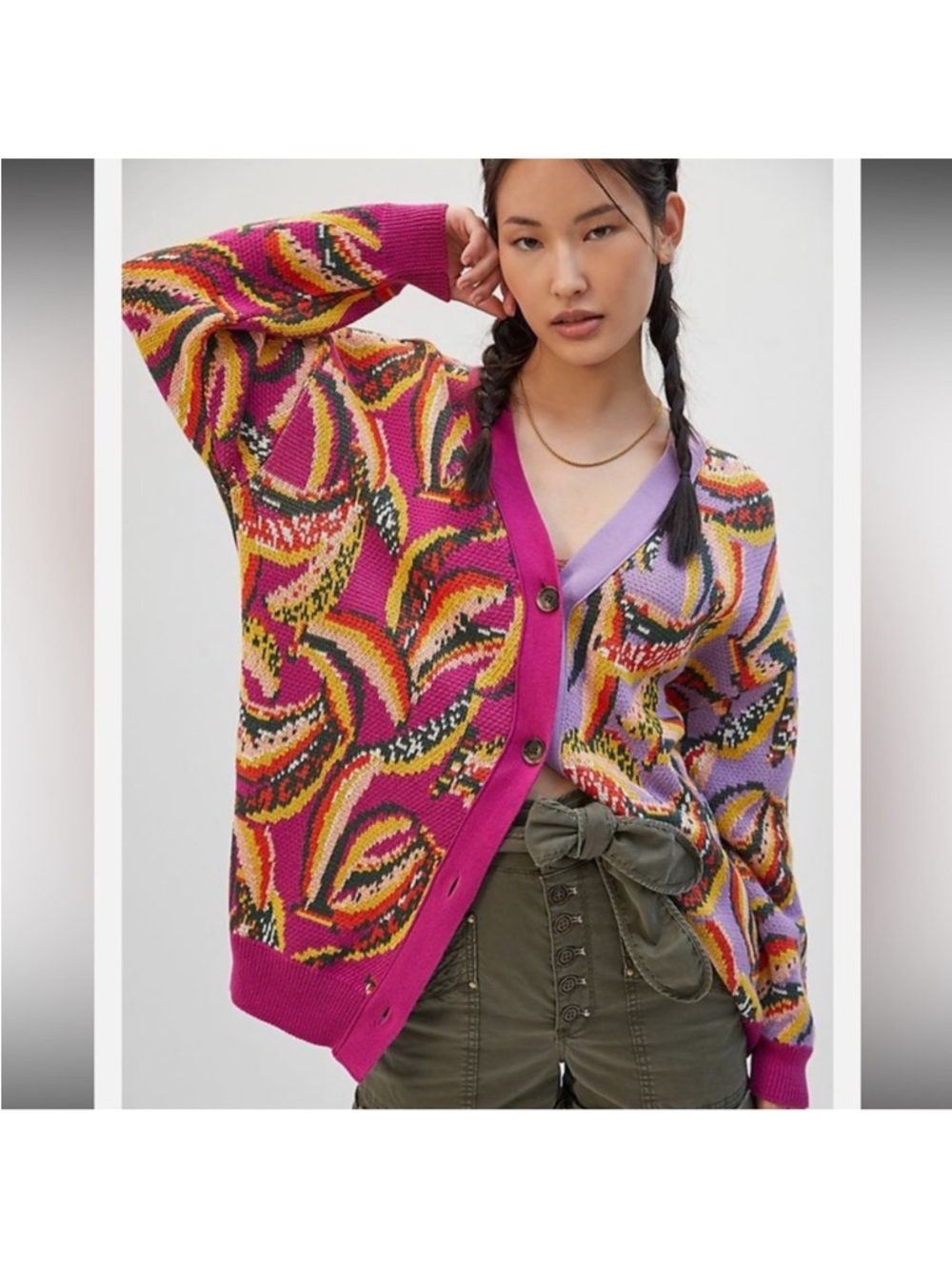 Anthropologie FARM Rio Banana Print Colorblock Button Down Cardigan Sweater NWT